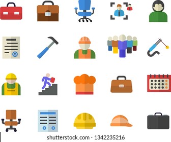 Color flat icon set builder flat vector, hard hat, hammer, cook, construction worker, welding, team, calendar, briefcase, recruitment, office chair, contract, career ladder, user, case