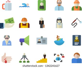 Color flat icon set builder flat vector, tea, construction worker, welding, investments, injury, nurse, recruitment, badge, hierarchy, businessman, career ladder, scientist, swimming, surfing fector
