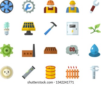 Color flat icon set builder flat vector, level meter, switch box, repair, brick, hammer, ventilation, solar battery, tree leaf, oil tanks, socket, manufactory, cogwheel, construction worker, drop