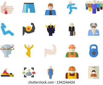 Color flat icon set builder flat vector, construction worker, person, team, massage, injury, headache, recruitment, businessman, scientist, weight, muscles, athletic shorts, gymnastics, swing press