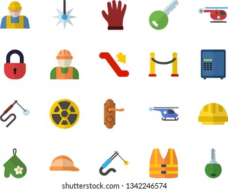Color flat icon set builder flat vector, door lock, hard hat, potholder, gloves, radiation, laser, welding, helicopter, VIP area fector, escalator, safe, key, life vest