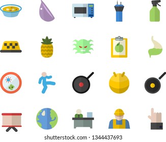 Color flat icon set builder flat vector, teflon, microwave, soup, garlic, pineapple, pulverizer, earth, flipchart, virus, stomach, office worker, Petri dish, diet, fitball, gymnastics, taxi