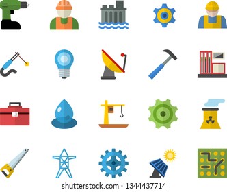 Color flat icon set builder flat vector, drill screwdriver, saw, tool bag, hammer, solar battery, gas station, lamp, power line support, hydroelectric, cogwheel, drop, crane, satellite antenna
