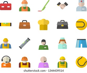 Color flat icon set builder flat vector, level meter, cook hat, construction worker, telephone operator, physician, briefcase, nurse, scalpel, phone, agreement, athletic shorts, tennis ball