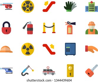 Color flat icon set builder flat vector, door lock, hard hat, potholder, gloves, radiation, welding, ambulance, helicopter, VIP area fector, escalator, hospital, safe, fire extinguisher, key