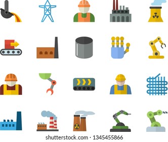 Color flat icon set builder flat vector, factory, power line support, manufactory, plant, conveyor, construction worker, fabric manufacture, pipe production, robotics, metallurgy, robot hand