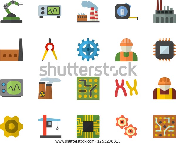 Color flat icon set builder flat vector,\
cogwheel, tape measure, factory, manufactory, plant, construction\
worker, crane, motherboard, robotics, dividers, chromosomes,\
nuclear power,\
oscilloscope