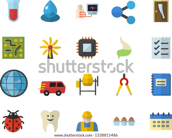 Color flat icon set builder flat vector, concrete\
mixer, Entrance door, egg, ladybird, windmill, drop, motherboard,\
dividers, earth, molecules, trucking, blood test, diagnostics,\
tooth, stomach