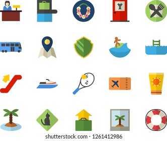 Color flat icon set bus flat fector, escalator, baggage claim, ticket, hand luggage, sun protection cream, island, hawaiian wreath, surfing, table setting, doctor's office, pool, photo, tennis