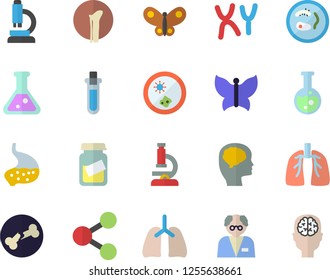 Color flat icon set butterflies flat vector  molecules  medical analysis  chromosomes  bone fracture  stomach  lungs  flask  microscope  scientist  beakers  Petri dish  brain fector