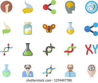 Color flat icon set butterflies flat vector, chemistry, molecules, medical analysis, DNA, chromosomes, bone fracture, stomach, flask, scientist, Petri dish, brain fector