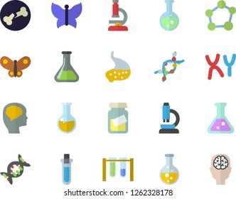 Color flat icon set butterflies flat vector, chemistry, medical analysis, DNA, chromosomes, bone fracture, stomach, flask, molecule, microscope, beakers, brain fector