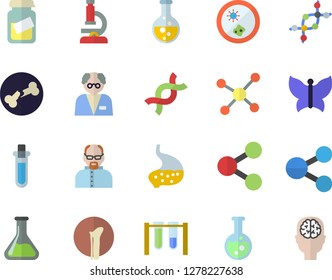 Color flat icon set butterflies flat vector, chemistry, molecules, medical analysis, DNA, bone fracture, stomach, flask, molecule, microscope, scientist, beakers, Petri dish, brain fector