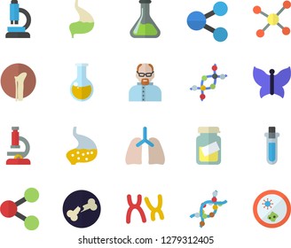 Color flat icon set butterflies flat vector, chemistry, molecules, medical analysis, DNA, chromosomes, bone fracture, stomach, lungs, molecule, microscope, scientist, beakers, Petri dish