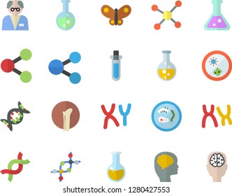 Color flat icon set butterflies flat vector, chemistry, molecules, medical analysis, DNA, chromosomes, bone fracture, flask, molecule, scientist, beakers, Petri dish, brain fector