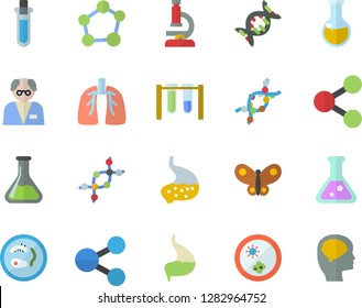 Color flat icon set butterflies flat vector, chemistry, molecules, medical analysis, DNA, stomach, lungs, flask, molecule, microscope, scientist, beakers, Petri dish, brain fector