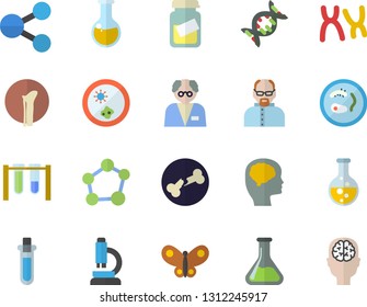 Color flat icon set butterflies flat vector, chemistry, molecules, medical analysis, chromosomes, bone fracture, molecule, microscope, scientist, beakers, dna, Petri dish, brain fector
