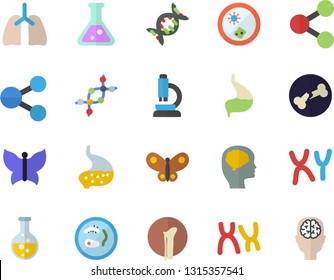 Color flat icon set butterflies flat vector, chemistry, molecules, chromosomes, bone fracture, stomach, lungs, flask, microscope, dna, Petri dish, brain fector