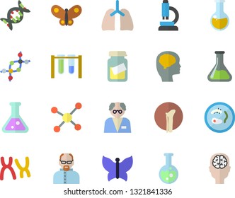 Color flat icon set butterflies flat vector, chemistry, medical analysis, chromosomes, bone fracture, lungs, flask, molecule, microscope, scientist, beakers, dna, Petri dish, brain fector