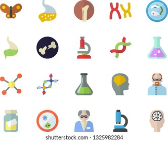 Color flat icon set butterflies flat vector, chemistry, medical analysis, DNA, chromosomes, bone fracture, stomach, flask, molecule, microscope, scientist, Petri dish, brain fector