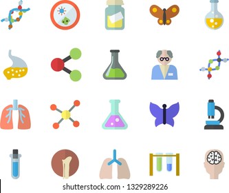 Color flat icon set butterflies flat vector, chemistry, molecules, medical analysis, DNA, bone fracture, stomach, lungs, flask, molecule, microscope, scientist, beakers, Petri dish, brain fector