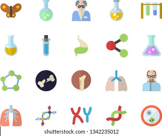 Color flat icon set butterflies flat vector  chemistry  molecules  medical analysis  DNA  chromosomes  bone fracture  stomach  lungs  flask  molecule  scientist  beakers  Petri dish