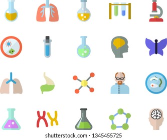 Color flat icon set butterflies flat vector, chemistry, medical analysis, chromosomes, stomach, lungs, flask, molecule, microscope, scientist, beakers, Petri dish, brain  