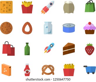 Color flat icon set cake flat vector, flour, groats, biscuit, bagel, sausage, cheese, canned food, French fries, Strawberry, ketchup, glass bottles, rocket, bags, grocery trolley fector