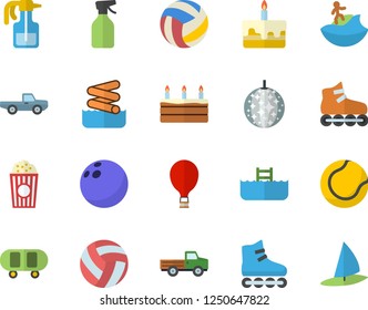 Color flat icon set cake flat vector, popcorn, pickup truck, pulverizer, bowling ball, skateboard, volleyball, tennis, roller Skates, balloon fector, disco, surfing, aquapark, pool, windsurfing