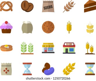 Color flat icon set cake flat vector, flour, ear, legumes, biscuit, pancakes, bagel, coffee beans, seeds, grain warehouse, hourglass