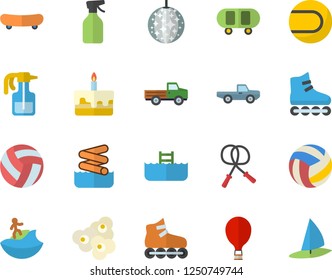 Color flat icon set cake flat vector, popcorn, pickup truck, pulverizer, skateboard, volleyball, skipping rope, tennis ball, roller Skates, balloon fector, disco, surfing, aquapark, pool