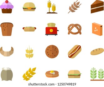 Color flat icon set cake flat vector, toaster, flour, groats, ear, biscuit, pancakes, bagel, croissant, bread, hamburger, hot dog