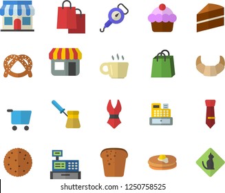 Color flat icon set cake flat vector, spring balance, turk, biscuit, pancakes, bagel, croissant, bread, store front, grocery trolley, bags, cash machine, coffee, tie, swimsuit, pets allowed fector