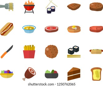 Color flat icon set cake flat vector, knives, barbecue, chop, pancakes, spaghetti on a fork, hot dog, salad, soup, ham, cutlet, French fries, fish rolls, sandwich