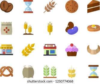 Color flat icon set cake flat vector, flour, ear, legumes, biscuit, pancakes, bagel, croissant, coffee beans, seeds, grain warehouse, hourglass