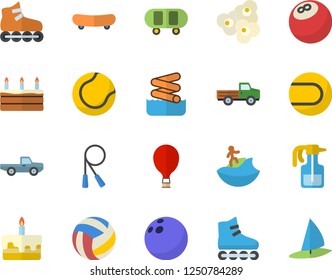 Color flat icon set cake flat vector, popcorn, pickup truck, pulverizer, bowling ball, skateboard, volleyball, skipping rope, tennis, roller Skates, balloon fector, surfing, aquapark, windsurfing