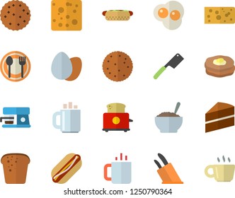 Color flat icon set cake flat vector, knives, toaster, coffee machine, table setting, biscuit, cheese, egg, bread, hot dog, porridge, tea, scrambled eggs, pancakes