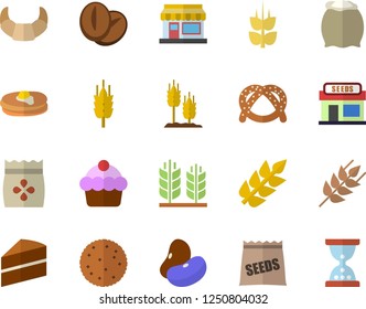 Color flat icon set cake flat vector, flour, ear, legumes, biscuit, pancakes, bagel, croissant, coffee beans, seeds, grain warehouse, hourglass