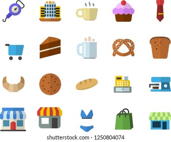 Color flat icon set cake flat vector, spring balance, coffee machine, biscuit, bagel, croissant, bread, store front, grocery trolley, bags, cash, tie, swimsuit, hotel fector, shop