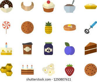 Color flat icon set cake flat vector, whisk, biscuit, pancakes, croissant, cupcake, donut, porridge, pie, lollipop, popcorn, coffe, jam, Strawberry, pineapple, plum, honeycomb