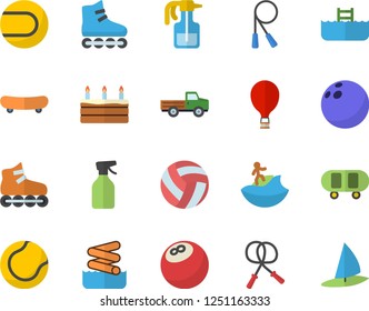 Color flat icon set cake flat vector, pickup truck, pulverizer, bowling ball, skateboard, volleyball, skipping rope, tennis, roller Skates, balloon fector, surfing, aquapark, pool, windsurfing