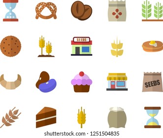 Color flat icon set cake flat vector, flour, ear, legumes, biscuit, pancakes, bagel, croissant, coffee beans, seeds, grain warehouse, hourglass