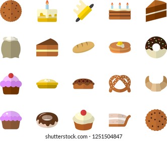 Color flat icon set cake flat vector, rolling pin, flour, biscuit, pancakes, bagel, croissant, bread, cupcake, piece of, donut, pie