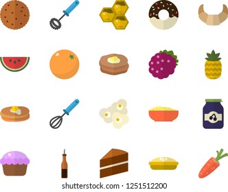 Color flat icon set cake flat vector, whisk, sauce, biscuit, pancakes, croissant, watermelon, cupcake, donut, porridge, pie, popcorn, jam, blackberry, pineapple, honeycomb, orange, carrot