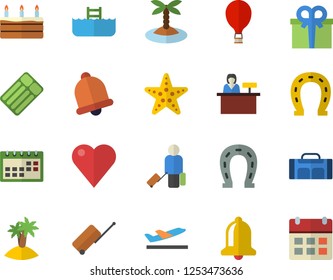 Color flat icon set cake flat vector, horseshoe, present, heart, calendar, sport bag, balloon fector, luggage, departure, island, starfish, pool, reception desk, inflatable mattress, bell
