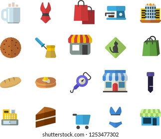 Color flat icon set cake flat vector, spring balance, turk, coffee machine, biscuit, pancakes, bread, store front, grocery trolley, bags, cash, tie, swimsuit, hotel fector, pets allowed, shop