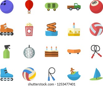 Color flat icon set cake flat vector, popcorn, pickup truck, pulverizer, bowling ball, skateboard, volleyball, skipping rope, roller Skates, balloon fector, disco, surfing, aquapark, windsurfing