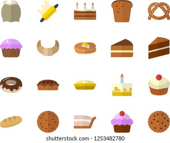 Color flat icon set cake flat vector, rolling pin, flour, biscuit, pancakes, bagel, croissant, bread, cupcake, piece of, donut, pie