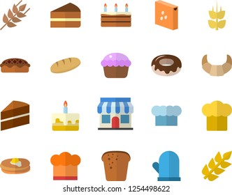 Color flat icon set cake flat vector, cook hat, potholder, groats, ear, pancakes, croissant, bread, cupcake, piece of, donut, pie, store front