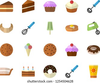 Color flat icon set cake flat vector, whisk, mixer, biscuit, pancakes, croissant, cupcake, piece of, donut, ice cream, sun protection fector